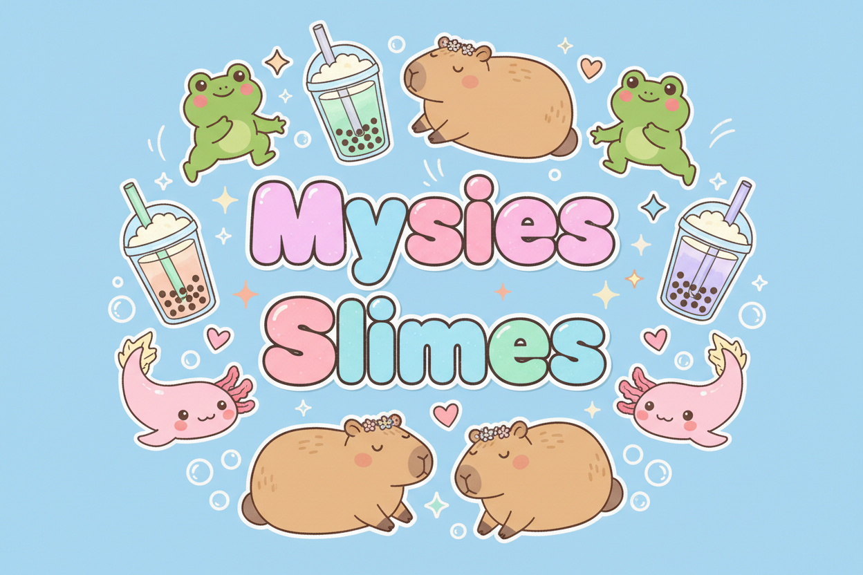 a baby blue background with the words "Mysies Slimes" in the centre being surrounded by a couple of cartoon frogs, capybaras, Bubble tea and axolotles